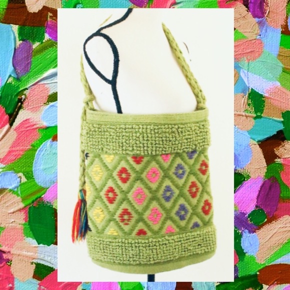 Vintage Green Diamond Woven Wool Shoulder Purse